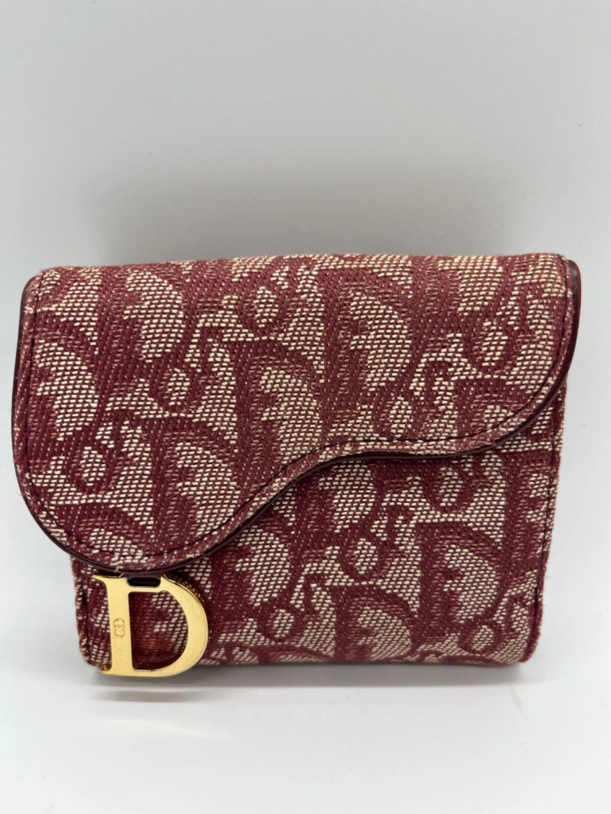 Mini portefeuille pliant authentique Christian Dior #3503 trotteur bordelais toile cuir