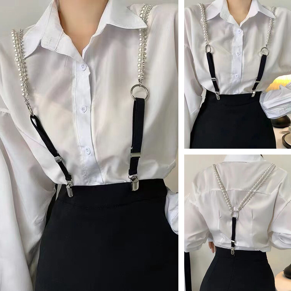Women Pearl Chain Suspenders Belts Rhinestone Strap Shirt  display picture 3