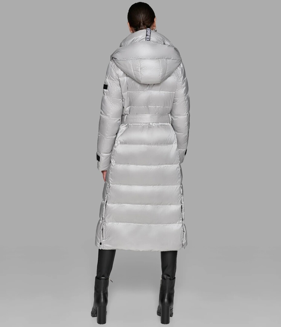 NEW Karl Lagerfeld Paris Contrast Maxi Belted Long PUFFER COAT Silver