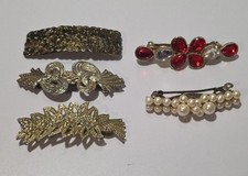 Lot of 5 Vintage Gold Tone, Faux Pearl, Rhinestones, Assorted Hair Clips