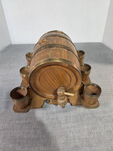 Vntg Wooden Wine/Whiskey Dispenser Keg/Barrel with Spout Stand Cups Brass Rings
