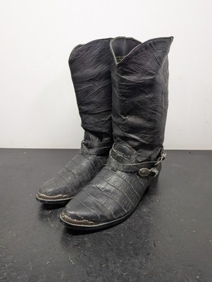 Fatima Black Leather Cowboy Boots Side 10D  Caiman Style W/ Accents