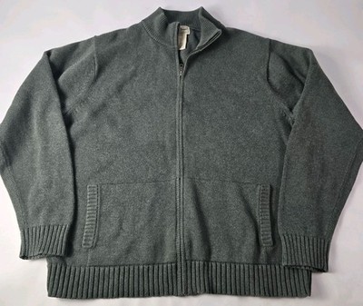 LL Bean Sweater Mens Large Green Full Zip Mock Neck Chunky Cotton Knit Pockets