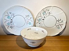Vintage 1950s 1960s Ceramic Floral Dinner Plates & Bowl, Gold Blue Green