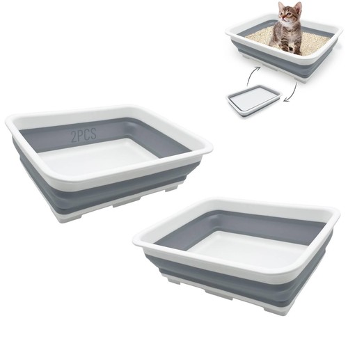 2PCS Open Cat Litter Box, Kitten Potty Pan Semi-Enclosed Foldable Waterproof ...