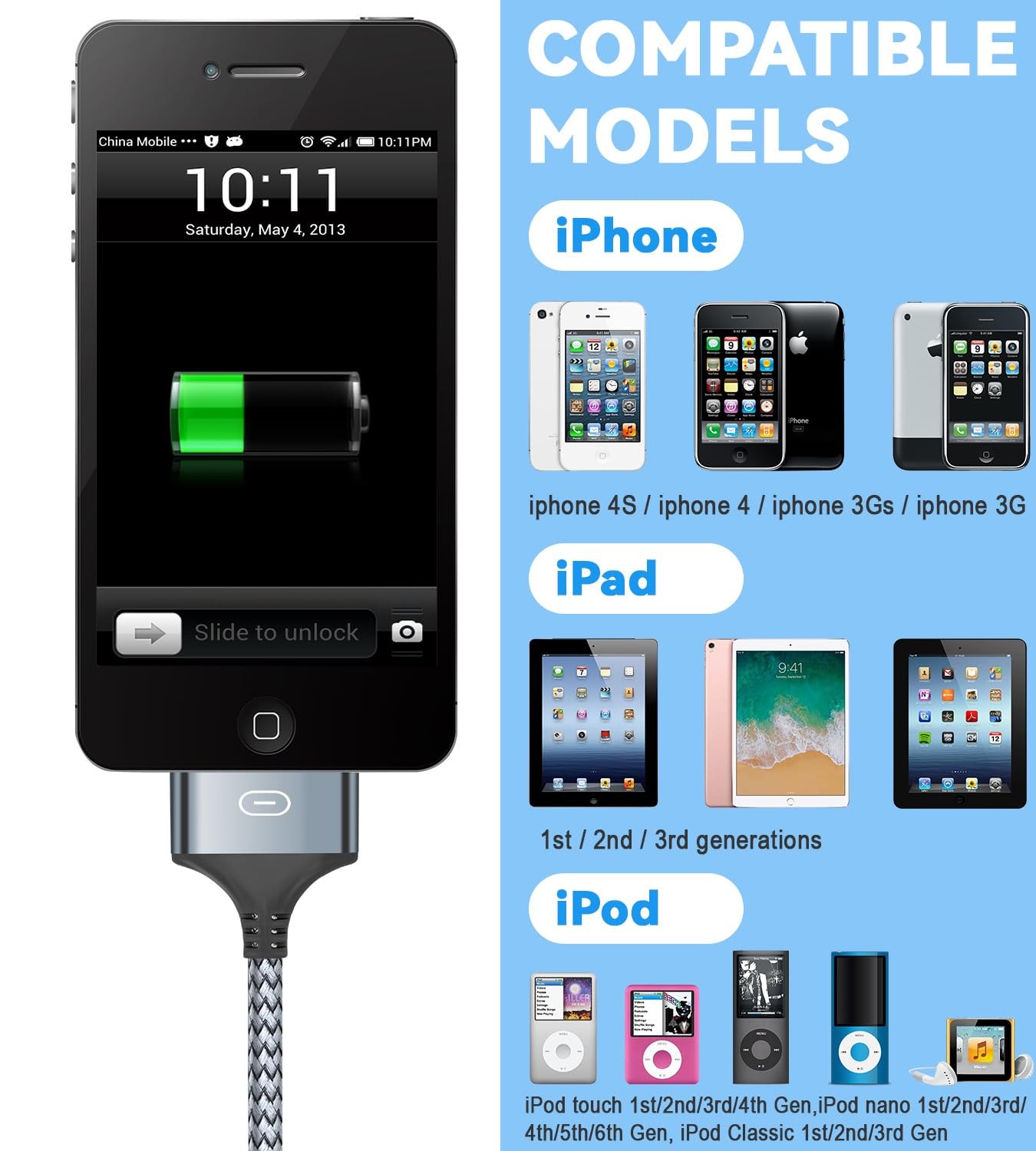 Herfair 30 Pin to USB C Adapter iPod Charger Nylon Braided Fast 1M/3FT 