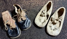 Lot of 2Pair Antique 1920s Vintage Leather Baby Toddler Shoes Cutouts 2Tone Ties
