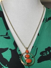 90s Liz Claiborne Necklace Orange Beads Round Pendant Gold Toned Cable Chain