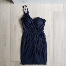 Xscape Dress Womens 6 Navy One Shoulder Rhinestone Ruched Cocktail Made in USA