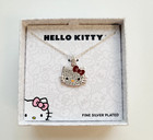 "Collar enchapado en plata fina con colgante de cristal 18"" HELLO KITTY de Sanrio nuevo en caja"