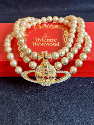 Auth Vintage 1992 Vivienne Westwood Multi-color stone 3 Tier Pearl Choker