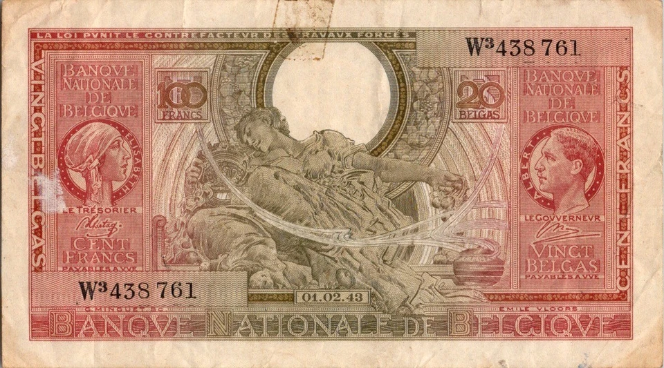 World Paper Money Banknote Belgium 100 Francs 1943 WWII Issued - Image 2 of 2