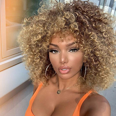14 inch Blonde Curly Wigs 70s, Kinky Brown Mixd Blonde Afro Wigs for Black Wo...