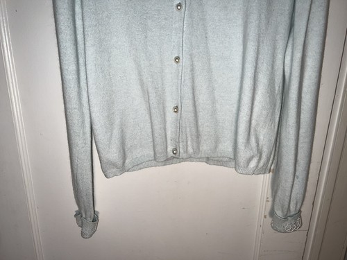 COUSIN JOHNNY Blue Cashmere Blend 50's Style Beaded Cardigan Sweater Size L c374 - Picture 3 of 11