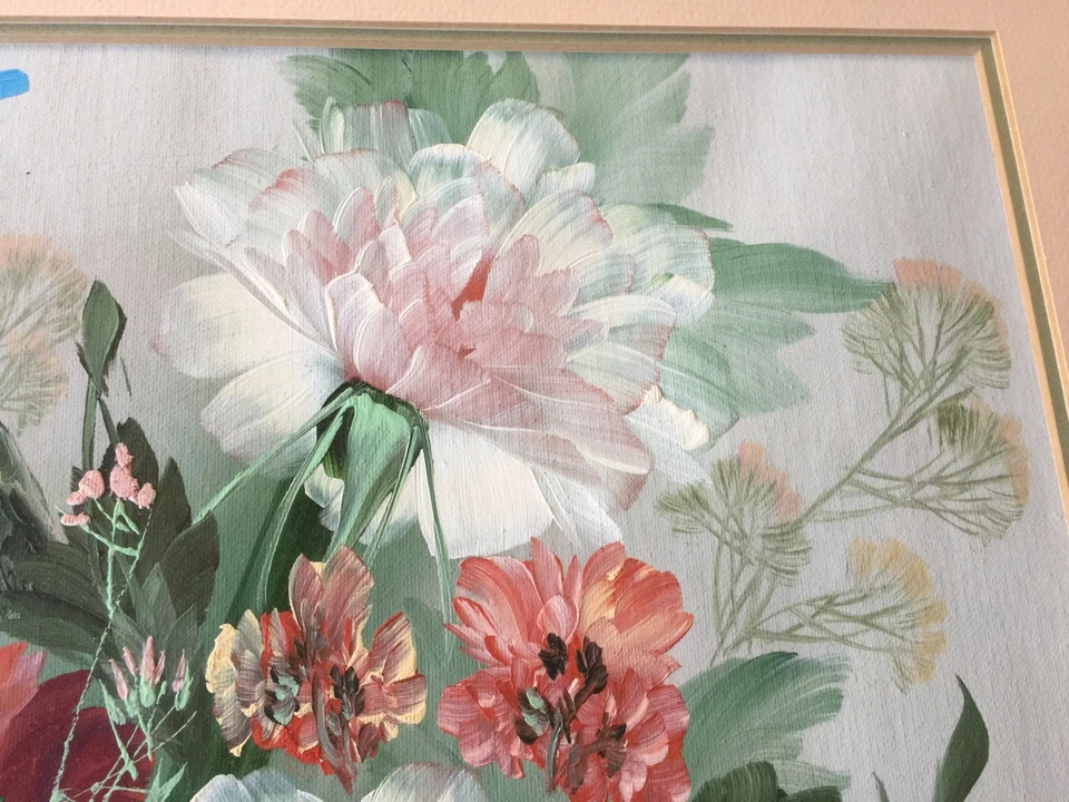 Pintura acrílica original japonesa/china vintage flor y pájaro, enmarcada Foto 3 de 4