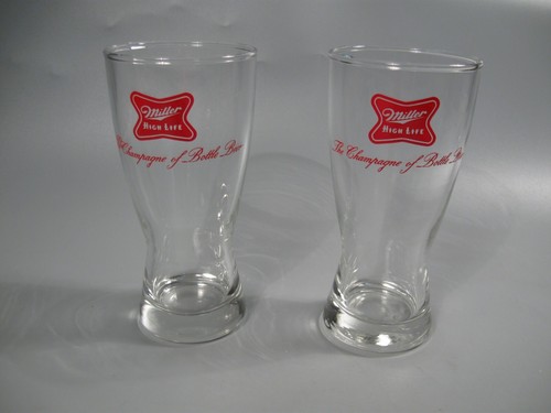 2 Vintage Miller High Life Champagne of Bottle Beer Bar Glasses 5-3/4" Set of 2