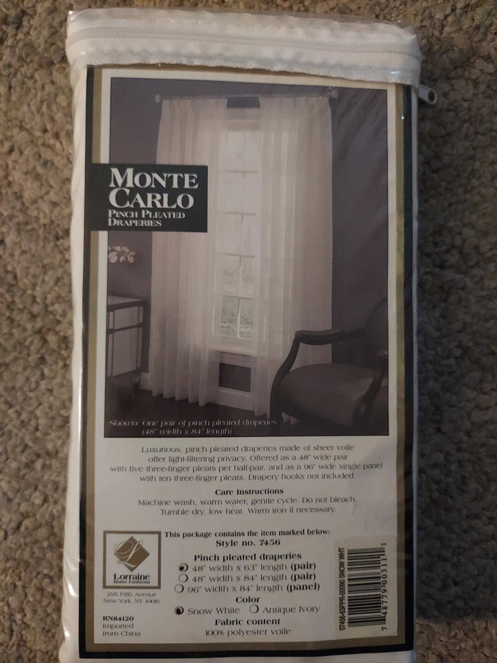 NEW Monte Carlo Pinch Pleated Draperies  Snow White Sheer Pair 48" X 63"  - Image 2 of 2
