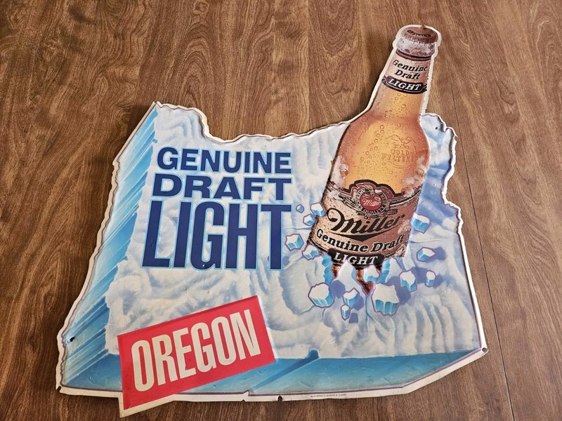 VINTAGE COLD GOLD MILLER GENUINE DRAFT LIGHT Oregon SHAPED TIN Stamped