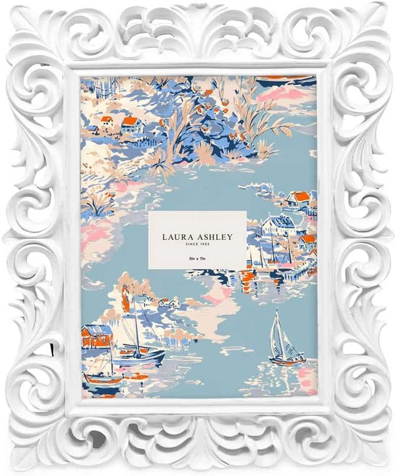 Marco de fotos de diseño de desplazamiento de resina inspirado vintage blanco 5X7 con borde delgado, H Foto 2 de 4