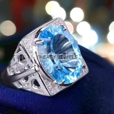 Blue Topaz Oval Cut Gemstone With 925 Sterling Silver Ring For Men's #437
