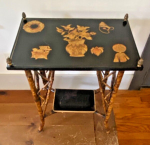 Antique tiered tiger bamboo side table Decoupage Lillian August Lacquered Asian