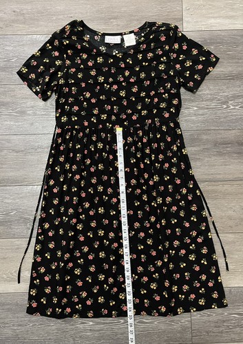 Vtg 90's Erika Studio Black Floral Midi Tie Back Cottage Prairie Rayon Dress MP - Picture 9 of 12
