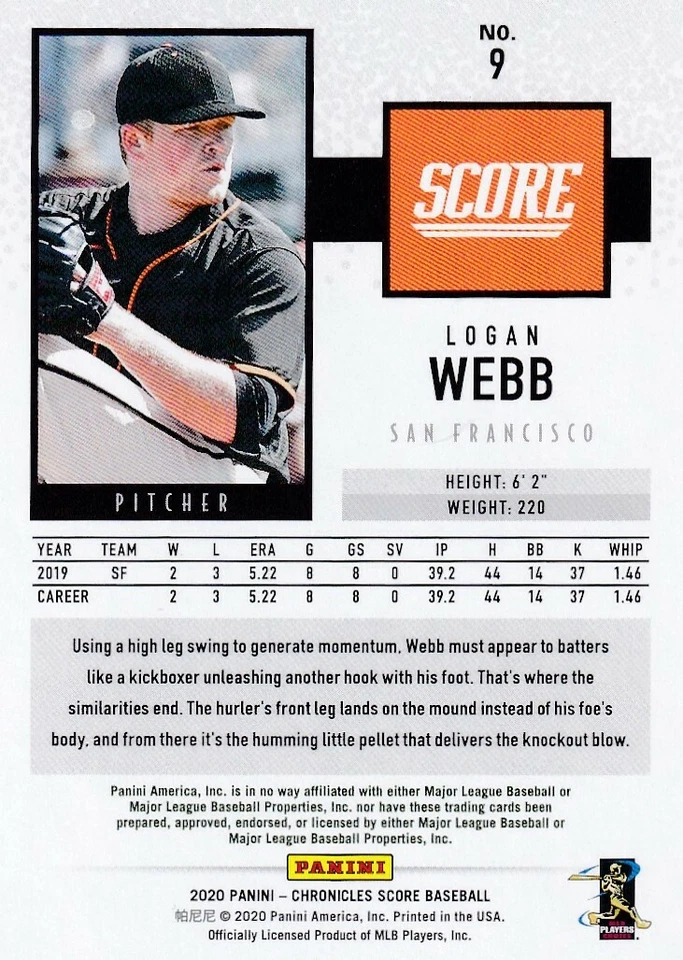 2020 CHRONICLES SCORE RC LOGAN WEBB SAN FRANCISCO GIANTS ROOKIE - B4624 - Image 2 of 2