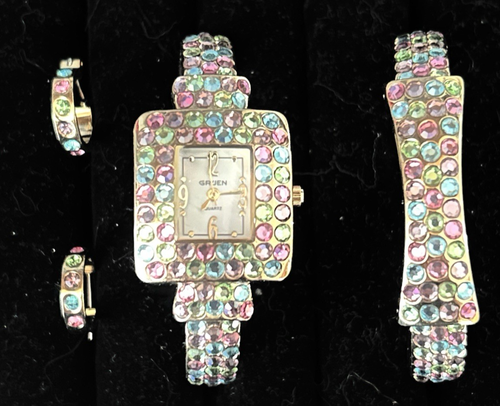 VINTAGE GRUEN COLORFUL RHINESTONE GOLD WATCH & BRACELET WITH POST EARRINGS SET