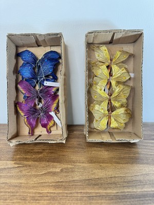 Gold, Blue & Purple butterfly wired Christmas ornament lot of 8