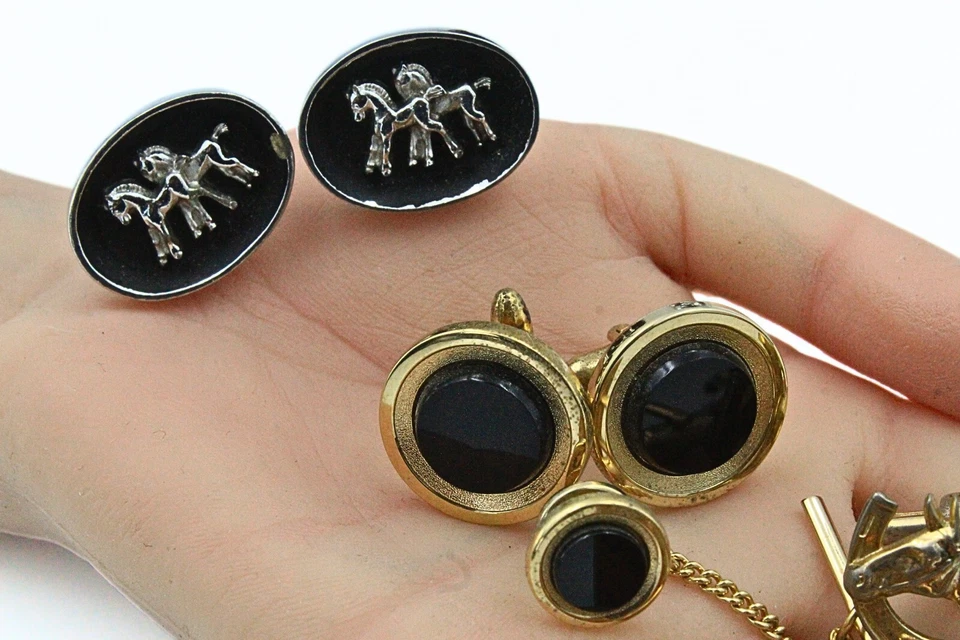 Swank Hickok Дизайнерская Золотая Пластина Эмаль Черное Стекло Колесо Геометрические Запонки Lo - Изображение 3 из 4