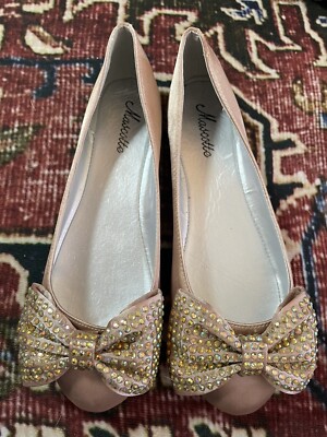 Mascotte 8.5 Pink Pearl Sparkle Gold Bow Flats Wedding Party Comfort Rhinestone