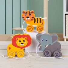 ZOO TOY-3 ASSORTED-LION/TIGER/ELEPHANT-WOODEN PULL ALONG TOY