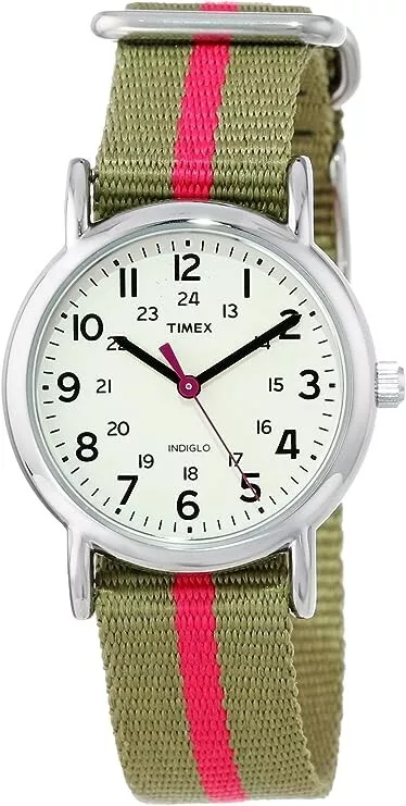 Timex Weekender Women Green with Pink Stripe Nylon Beige Dial 31mm