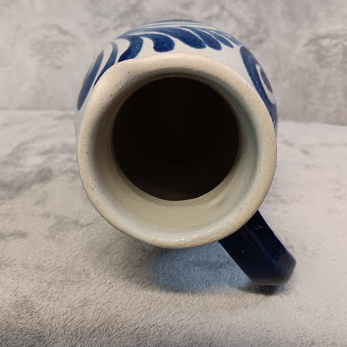 German Stoneware Handarbeit Salt Glazed Blue Floral Pattern 7.5" Pitcher Signed - Picture 5 of 9