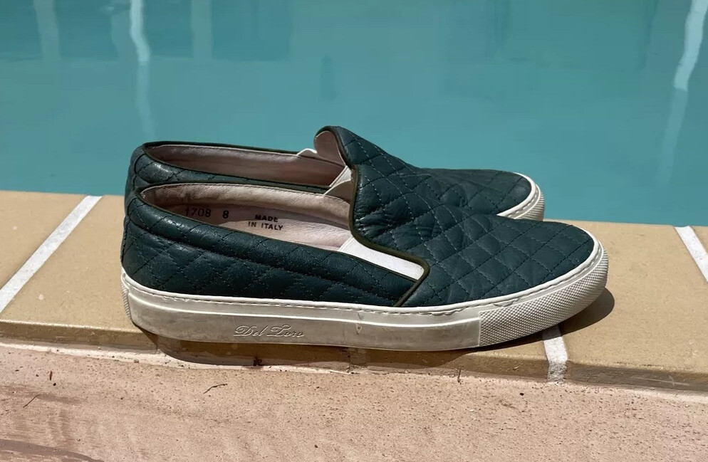 Del Toro Green Quilted Leather Slip On Sneakers Sz 8 Made In Italy