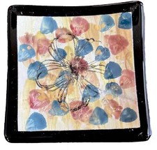 Fused Glass Trinket Plate Metallic Paint Pink Blue Flower Petals 4.5  Square
