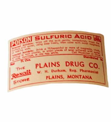 Pharmacy label vtg ephemera paper WW1 era WWI drugstore sulfuric acid Montana MT