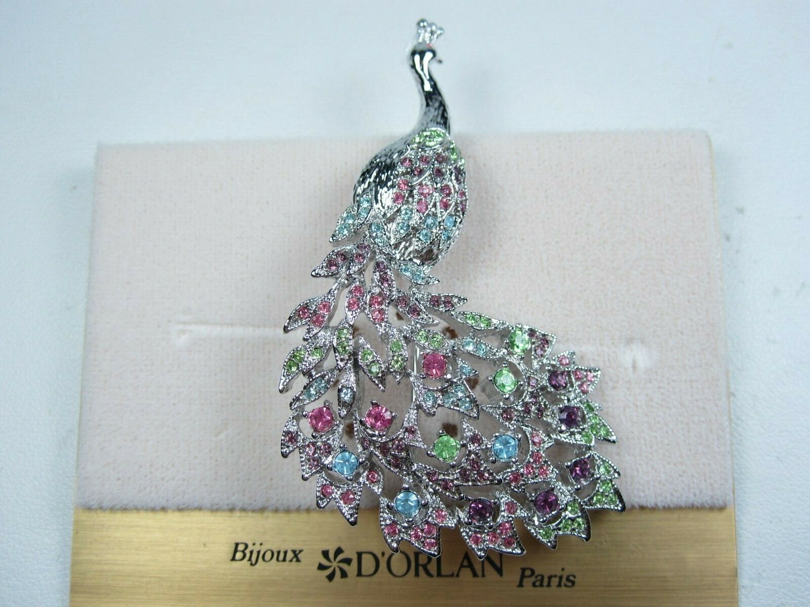 D'Orlan Rhodium Plated Peacock Brooch with Pastel Swarovski Crystals - 2990