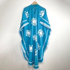 Vintage Embroidered Boho Kaftan Floral Lace Trim Statement Folk Art Coverup