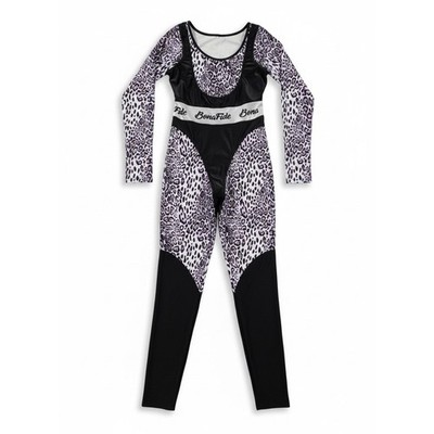 Bona Fide Aerobica Jumpsuit Snow Leo Leopard Long Sleeve Catsuit NWOT L