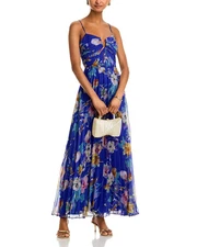 Aqua L11721 Cobalt Multi Watercolor Floral Pleated Maxi Dress Size L