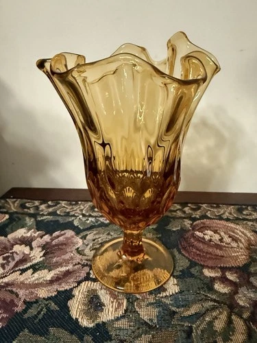 Vintage FENTON (Art Glass) "Colonial Amber" Thumbprint Handkerchief Swung Vase