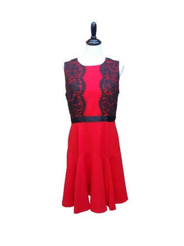 VALENTINO Abito smanicato rosso Metaphor Fit & Flare TAGLIA 12 nero pizzo orlo cocktail
