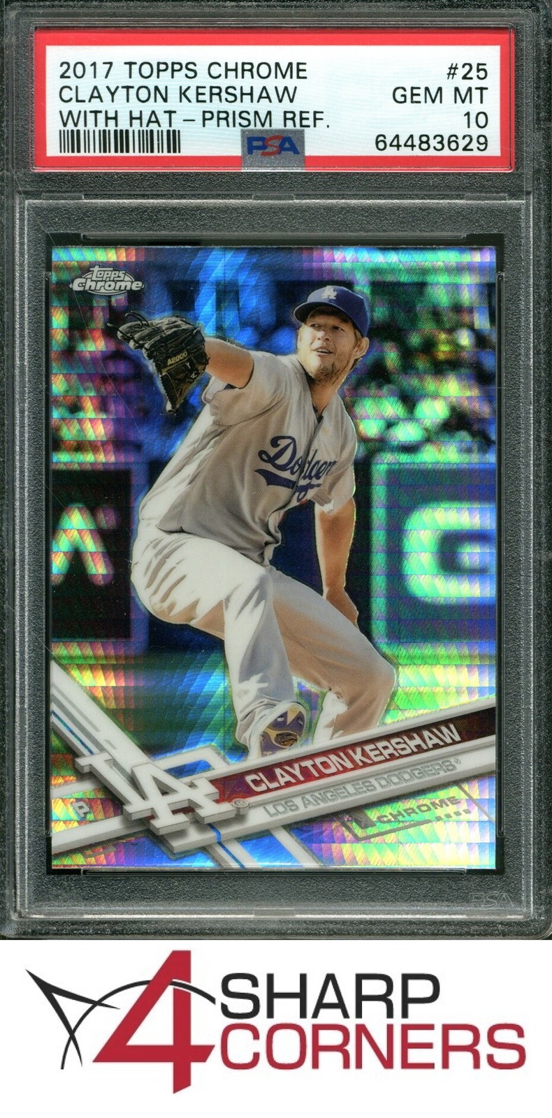 2017 TOPPS CHROME PRISM REFRACTOR #25 CLAYTON KERSHAW DODGERS W/ HAT PSA 10 view 1
