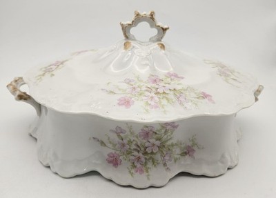 Antique Sterling China Porcelain Pink Floral Covered Oval Serving Casserole Bowl