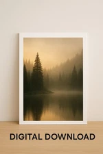 Misty Forest Sunrise Over Still Lake – Digital Download Landscape Wall Art