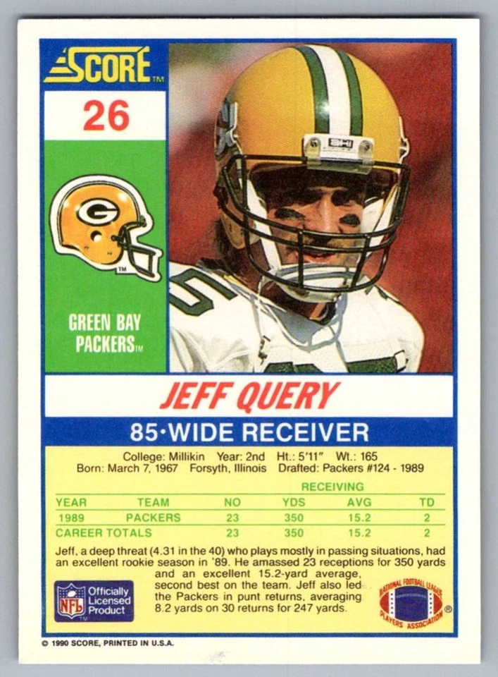 1990 Score Jeff Query Green Bay Packers #26 - Image 2 of 2