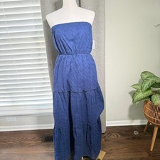 NWT Old Navy Blue Eyelet Strapless Maxi Dress Petite Large Boho Tiered Summer