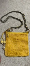 Sun N Sand Crossbody Yellow Bead & Shell Woven Straw, Inner Lined Sz M 
