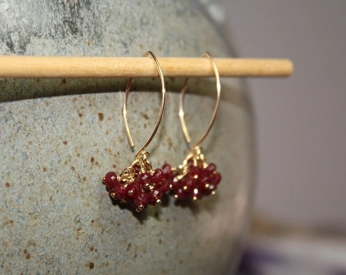 18K solid Gold Ruby Beads July Dangle Earrings Jewelry | Handmade Gemstone h66 - Image 2 of 4